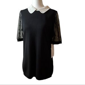 ADRIANNA Papell black short sleeve stretchy top with white collar button close M